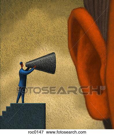 Stock Illustration - Businessman using megaphone to speak into giant ear. Fotosearch