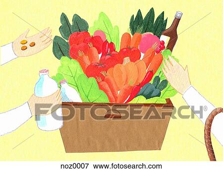 Buying groceries in box against yellow background View Large Illustration Stock Illustration - Buying groceries in box against yellow background. Fotosearch