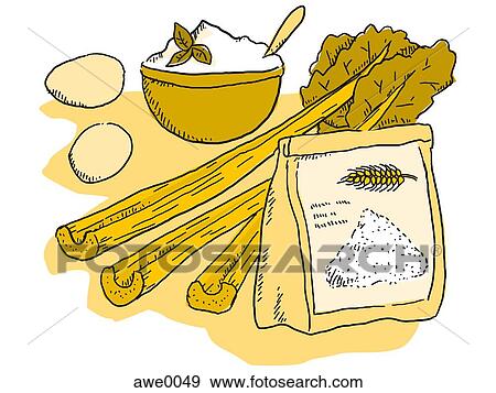 Celery, eggs, flour, against white background View Large Illustration Stock Illustration - Celery, eggs, flour, against white background. Fotosearch