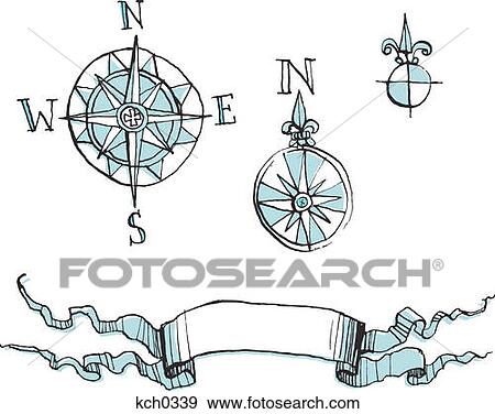 Stock Illustration - Compass rosettes and banner against white background. Fotosearch