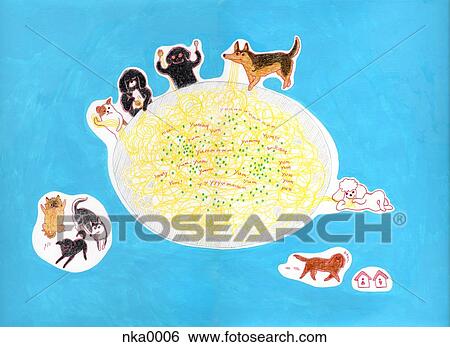 Dogs sharing a plate of spaghetti View Large Illustration Stock Illustration - Dogs sharing a plate of spaghetti. Fotosearch