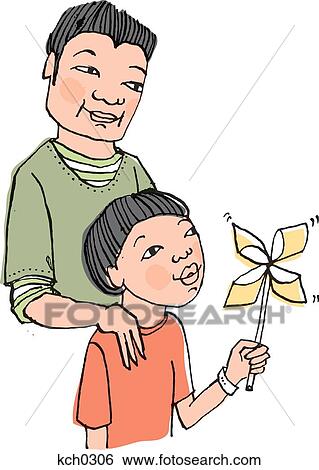 Stock Illustration - Father with his son blowing a pinwheel. Fotosearch