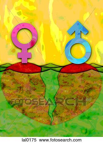 Female and male symbols on two opposite sides of a broken heart View Large Illustration Stock Illustration - Female and male symbols on two opposite sides of a broken heart. Fotosearch