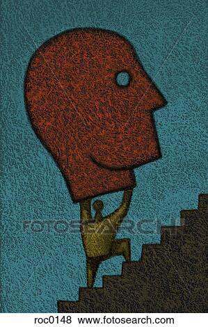 Stock Illustration - Figure carrying large head on staircase. Fotosearch