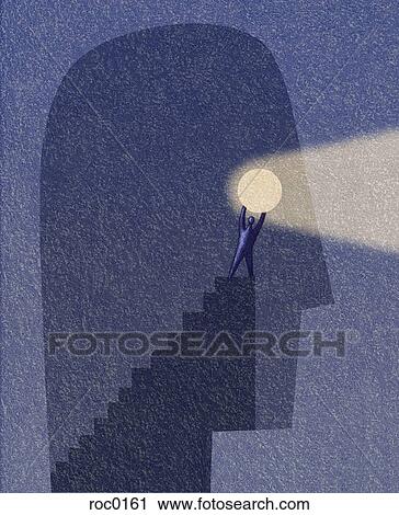 Clip Art - Figure holding bright light on staircase. Fotosearch