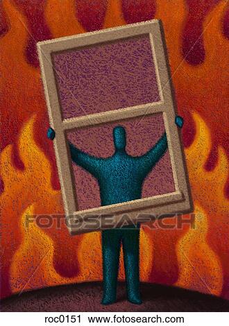 Figure holding window in front of flames View Large Illustration Clip Art - Figure holding window in front of flames. Fotosearch