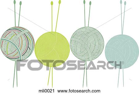 Clip Art - Four balls of yarn and knitting needles. Fotosearch