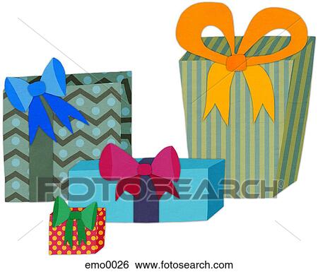Stock Illustration - Four wrapped gift boxes with bows against white background. Fotosearch