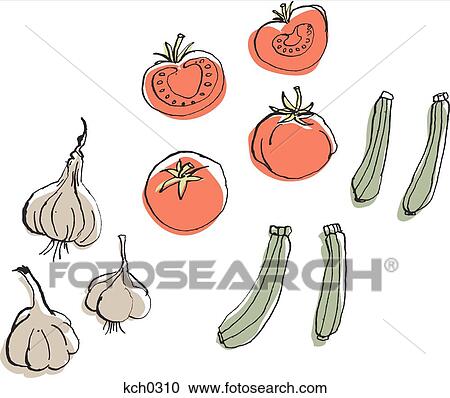 Clipart - Garlic, tomatoes and zucchini against white background. Fotosearch
