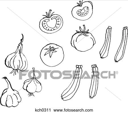 Garlic, tomatoes and zucchini View Large Illustration Clip Art - Garlic, tomatoes and zucchini. Fotosearch