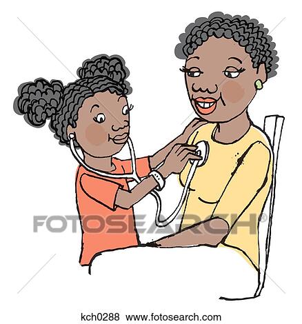 Stock Illustration - Girl using stethoscope on her mom. Fotosearch