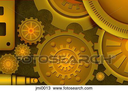 Drawing - Golden gears, close up . Fotosearch