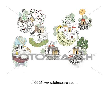 Stock Illustration - Green homes in city and countryside against white background. Fotosearch