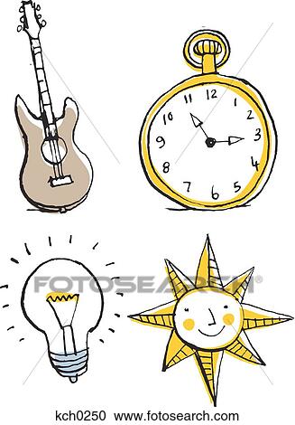 Clipart - Guitar, clock, light bulb and sun. Fotosearch