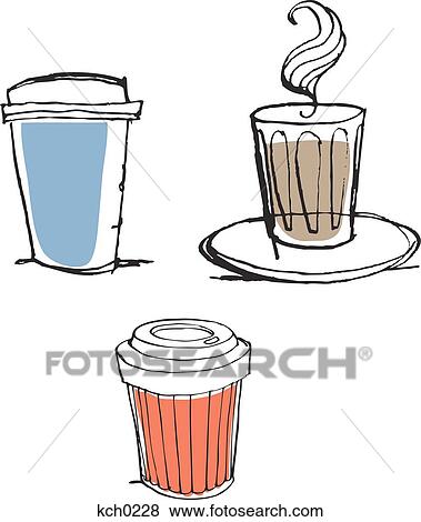 Stock Illustration - Hot beverages in glass and disposable cups. Fotosearch