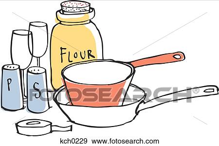 Stock Illustration - Ingredients and pots and pans. Fotosearch