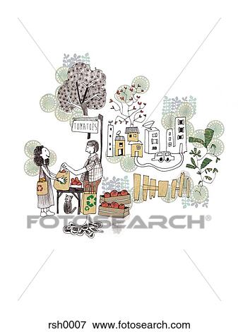 Local market outside of city against white background View Large Illustration Stock Illustration - Local market outside of city against white background. Fotosearch