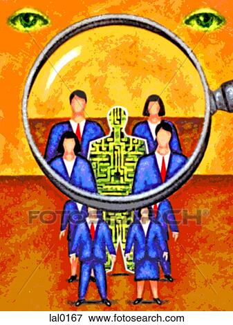 Stock Illustration - Looking through a magnifying glass at a group of business people. Fotosearch