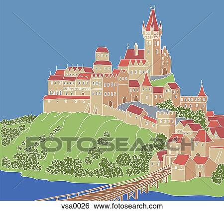 Medieval village on a hill by the sea View Large Illustration Stock Illustration - Medieval village on a hill by the sea. Fotosearch