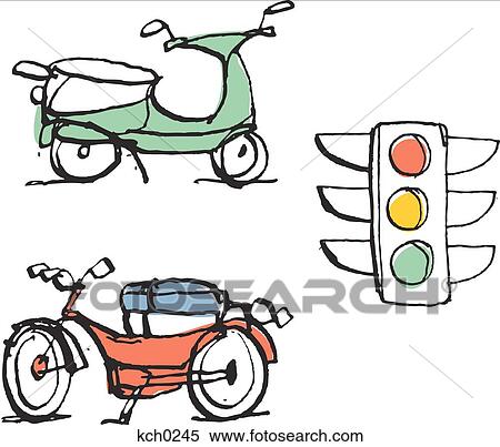 Stock Illustration - Motorbike, moped and street light. Fotosearch