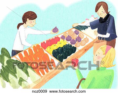 People buying groceries at a local market View Large Illustration Stock Illustration - People buying groceries at a local market. Fotosearch