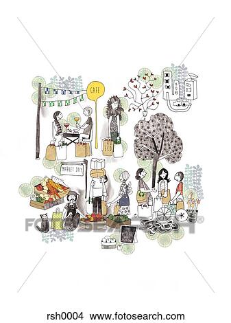 Stock Illustration - People carrying recycled shopping bags at a farmer's market. Fotosearch