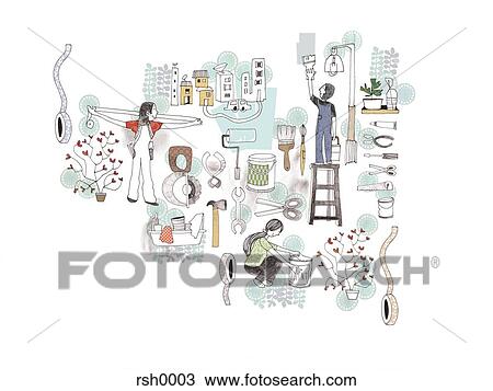 People performing DIY tasks against white background View Large Illustration Drawing - People performing DIY tasks against white background. Fotosearch