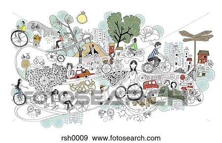 Stock Illustration - People riding their bikes in a city. Fotosearch