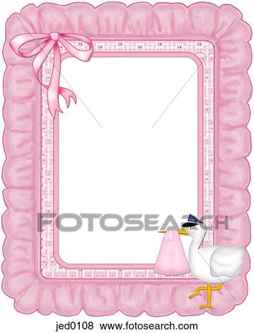 Stock Illustration - Pink ruffled frame with a stork on it. Fotosearch