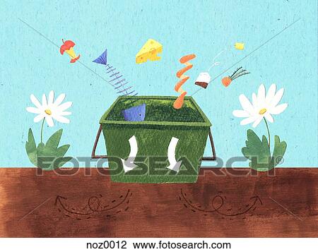Putting food scraps into a composting bin View Large Illustration Drawing - Putting food scraps into a composting bin. Fotosearch