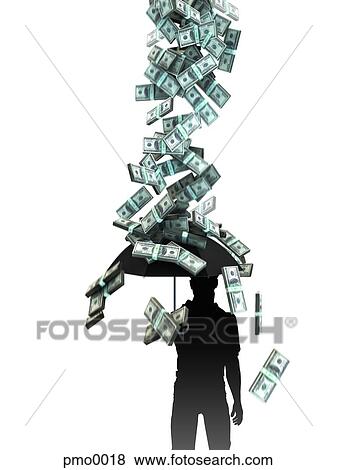 Stock Illustration - Raining money falling on a man carrying an umbrella. Fotosearch