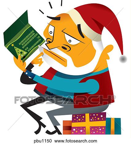 Clipart - Santa Claus trying to understand a Christmas card. Fotosearch
