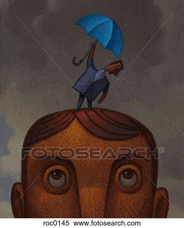 Stock Illustration - Small businessman holding umbrella on top of colleagues head. Fotosearch