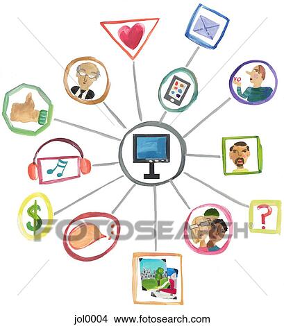 Stock Illustration - Social media linked to monitor against white background. Fotosearch