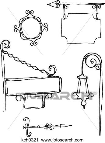Clip Art - Store signs and a street lamp. Fotosearch