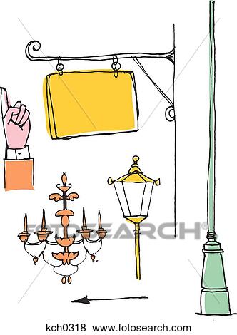 Stock Illustration - Store signs and street lamps. Fotosearch