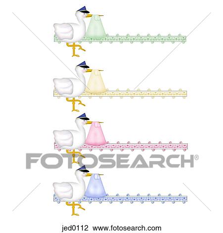 Drawing - Storks carrying babies swaddled in blankets of various different colors. Fotosearch