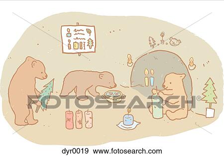 Stock Illustration - Three bears inside a home against white background. Fotosearch