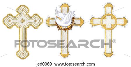 Three crosses in a row with white bird View Large Illustration Stock Illustration - Three crosses in a row with white bird. Fotosearch