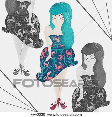 Clipart - Three women wearing cocktail dresses. Fotosearch