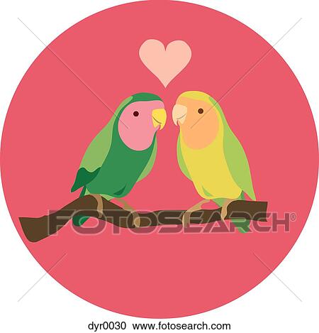 Clipart - Two birds perched on a branch against white background. Fotosearch