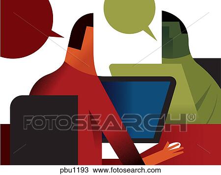 Drawing - Two men talking to each other while using their computers. Fotosearch