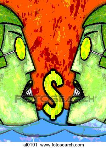 Clip Art - Two people facing one another with a dollar sign in the middle. Fotosearch