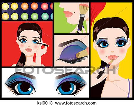 Drawing - Various images of women applying makeup. Fotosearch