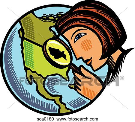 Clipart - woman looking through magnifying glass. Fotosearch