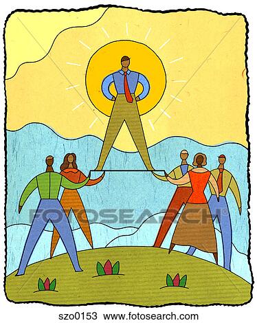 Zeichnung - a, menschengruppe, halten aufwärts, a, mann. Fotosearch