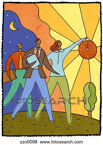 businesswoman leading the way with a clock light View Large Illustration Stock Illustration - businesswoman leading the way with a clock light. Fotosearch