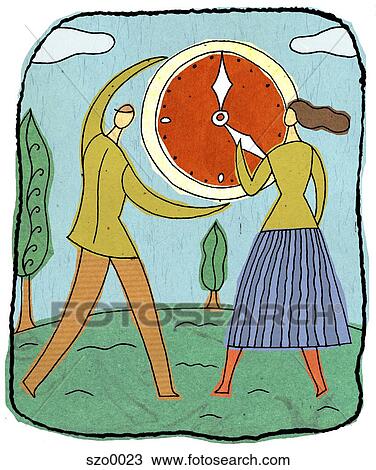 man and woman turning back time View Large Illustration Drawing - man and woman turning back time. Fotosearch