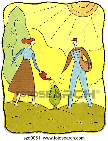Clip Art - man and woman watering a small tree. Fotosearch
