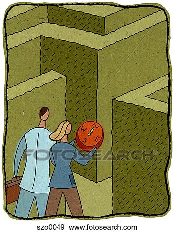 Stock Illustration - people with a compass entering a maze. Fotosearch
